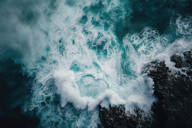 Experimente uma perspectiva aérea de tirar o fôlego de um corpo de água prístino cercado por paisagens pitorescas um espetáculo aéreo envolvente de um mar tempestuoso que se choca com uma costa rochosa AI Gerado