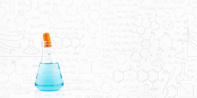 Experimento de tubo de vidro de ciência azul em fundo branco