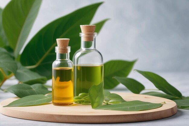 experimento de laboratorio e investigación con aceite de hojas y extracto de ingredientes para belleza natural y producto orgánico de cuidado de la piel el frasco en blanco para la etiqueta concepto de biociencia medicina alternativa spa