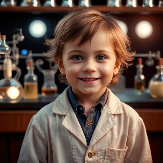 Experimento de un niño científico en el laboratorio alegre y confiado