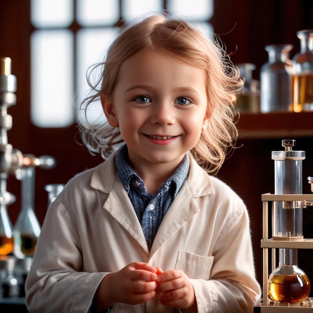 Foto experimento de un niño científico en el laboratorio alegre y confiado