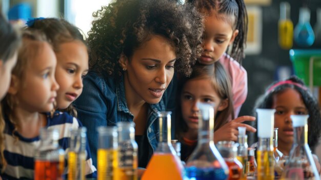Experimentos científicos emocionantes despertam curiosidade e admiração em uma sala de aula cheia de crianças envolvidas