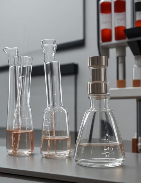 Foto experimentos em um laboratório de química conduzindo um experimento no fundo do laboratório