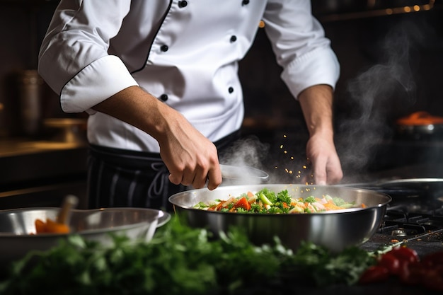 Experte für vegetarische Küche, professioneller Koch in weißer Uniform, generative KI