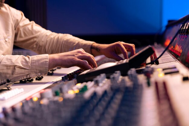 El experto en audio utiliza la consola de mezcla y los conmutadores en el panel de la sala de control