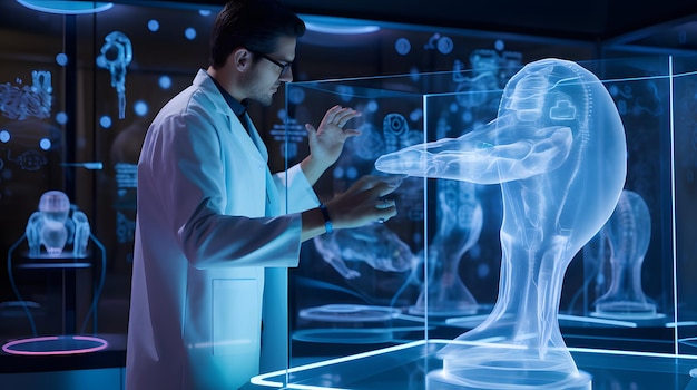 Un experto en bata de laboratorio examinando un modelo de datos 3D en una pantalla holográfica