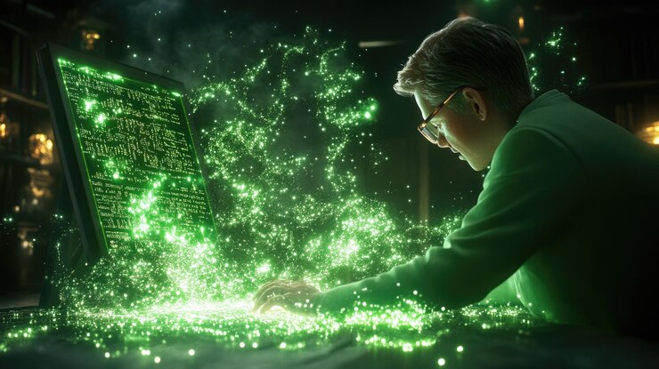Foto experto en ciberseguridad rodeado de datos digitales y hologramas de código