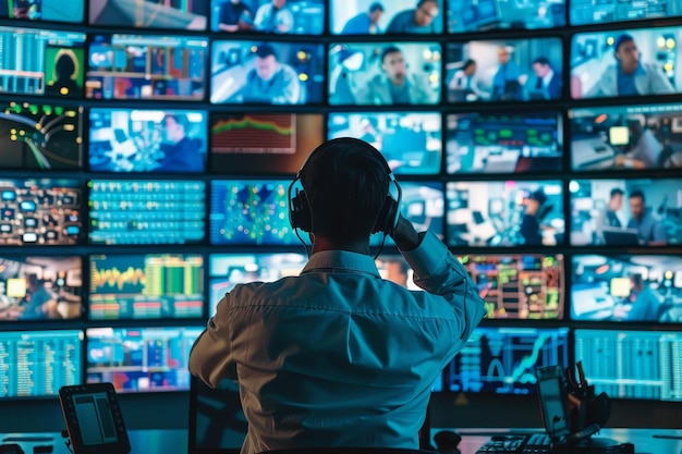 Un experto en ciberseguridad se sienta en un escritorio frente a múltiples pantallas de televisión monitoreando el tráfico de la red Un experto de ciberseguredad monitoreando El tráfico de la rede en una sala de control