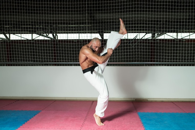 Experto en combate de taekwondo con postura de lucha