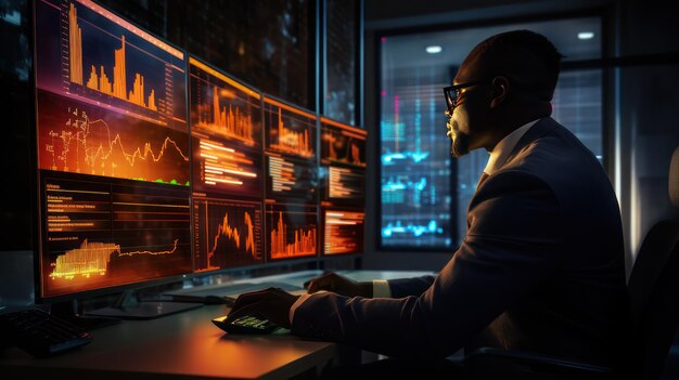Un experto en computadoras está trabajando frente a una pantalla de monitor en una habitación oscura