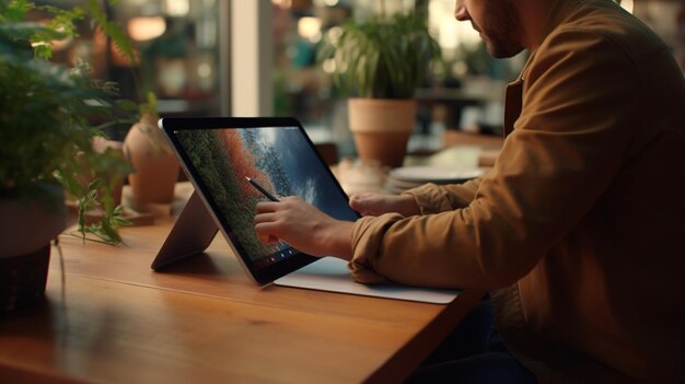 Un experto creativo utilizando una tableta plana generada por AI