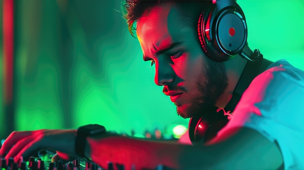 Un experto DJ con auriculares completamente inmerso en la mezcla de música con intensa concentración