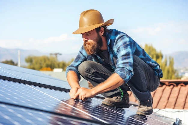 Un experto en energía solar en un techo instalando paneles solares