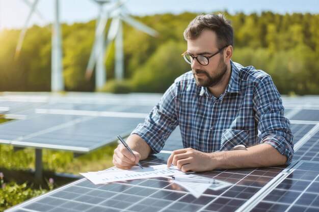 Experto en energías renovables analizando los datos de los paneles solares