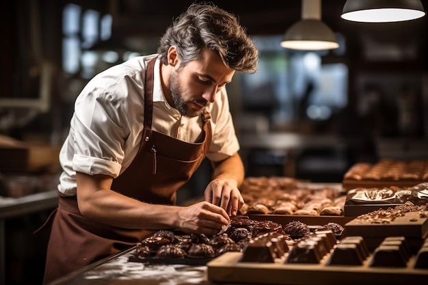 Experto en laboratorio de chocolate artesanal Chocolatero y maestro chef en el trabajo IA