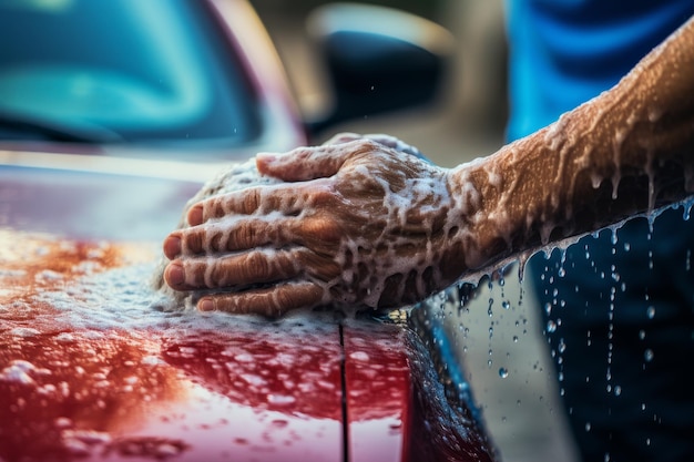 Foto experto en lavado de automóviles, detallista cualificado que garantiza una limpieza impecable con técnicas de limpieza precisas