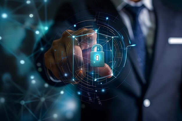 Un experto en negocios activa la encriptación virtual que simboliza la protección avanzada en la red digital