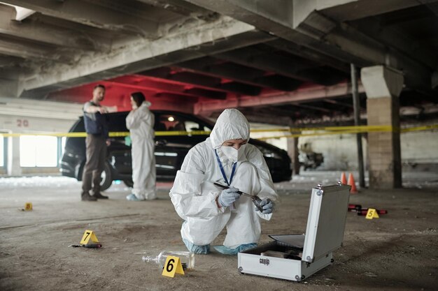 Experto en ropa de trabajo de protección busca huellas dactilares de asesino en la escena del crimen