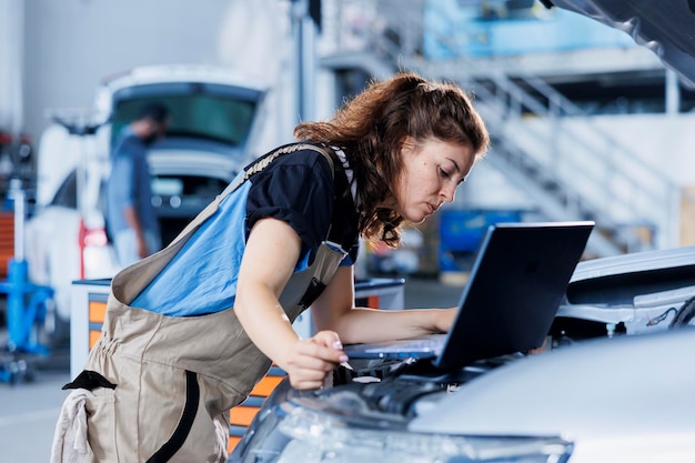 El experto sigue la lista de verificación del coche en el portátil