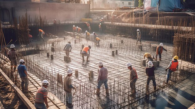 Expertos artesanos vierten y terminan con soltura una acera de hormigón para una nueva construcción Generado por IA