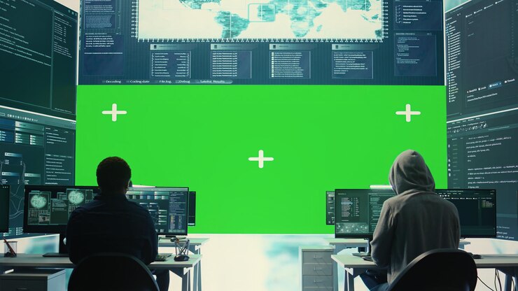 Foto expertos en seguridad cibernética trabajando con un diseño de maqueta en una pantalla grande