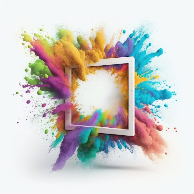 Explodieren von mehrfarbiger Pulverfarbe in quadratischer Form mit Hintergrund