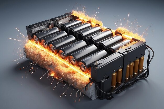 Foto explodierende elektroautobatterie 3d-rendering katastrophe