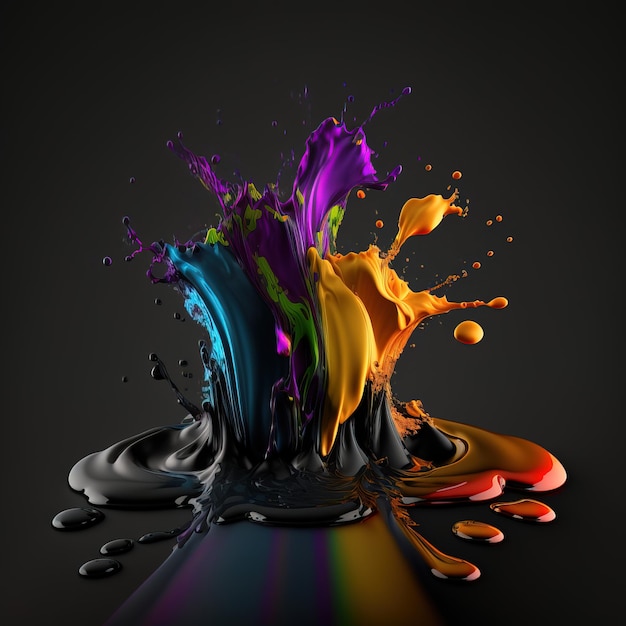 Explodierende flüssige Farbe in Regenbogenfarben mit Spritzern generativer ai