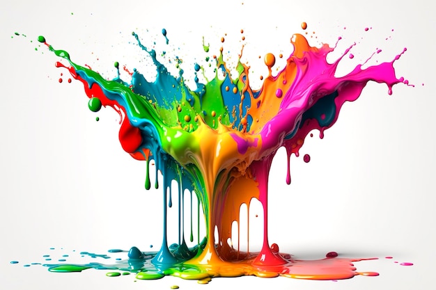 Explodierende flüssige Farbe in Regenbogenfarben mit Spritzern