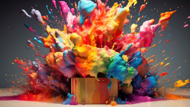 Explodierende Karton-Überraschungskiste farbenfrohe Splash-Bild KI-generierte Kunst