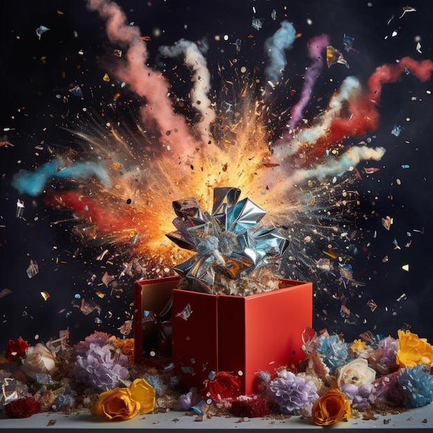 Explodierende Kartonfarbenkiste Überraschung farbenfroher Spritzer KI-generierte Kunst