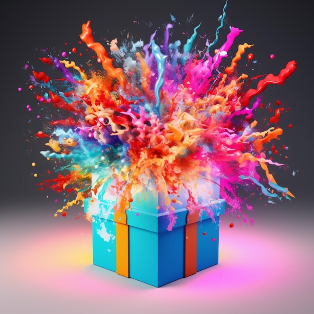 Explodierende Kartonfarbenkiste Überraschung farbenfroher Spritzer KI-generierte Kunst
