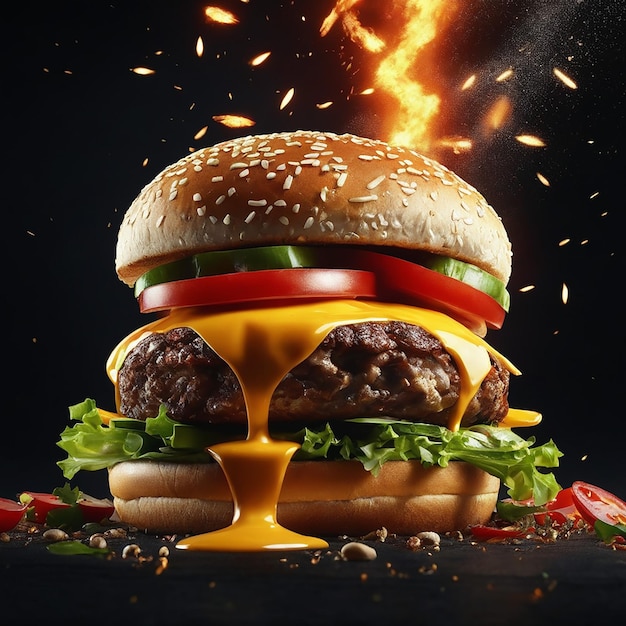 Explodierender Burger mit Gemüse und geschmolzenem Käse auf schwarzem Hintergrund