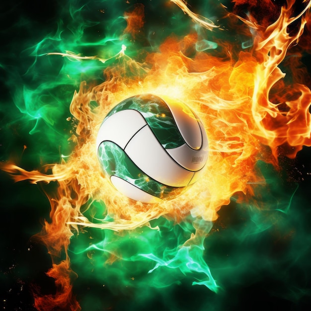 Foto explodierender kosmischer volleyball eine spektakuläre darstellung von grünem und weißem feuer auf einem hypnotischen abstrakten sp