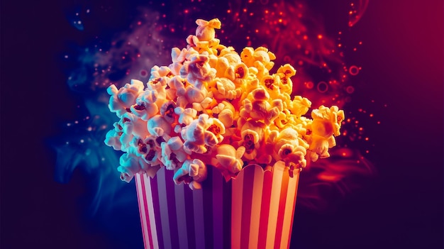 Explodierender Popcorn in einem gestreiften Behälter mit einem bunten Hintergrund