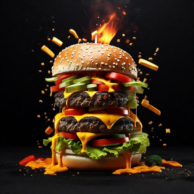 Explodindo delicioso hambúrguer com legumes e respingo de queijo derretido em fundo preto com fogo