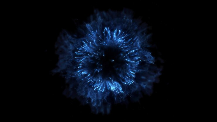 Explodir fundo. Explosão isolada. Pano de fundo preto. Onda de choque redonda. Elemento abstrato Cor azul