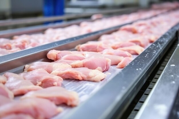 Exploração avícola para produção de carne de frango Produção industrial e embalagem de carne de frango Filé de frango e lombo em esteira na oficina da moderna indústria alimentícia