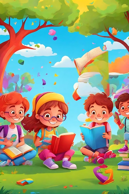 Exploração da alfabetização Crianças leem para encontrar aventura nas páginas dos livros no Dia Mundial do Livro