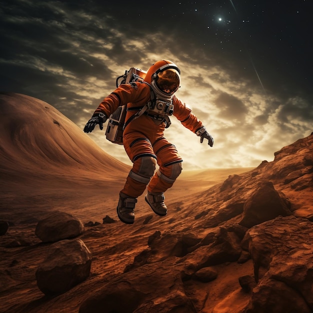 Exploração de Marte Astronauta voando sobre a superfície marciana IA geradora