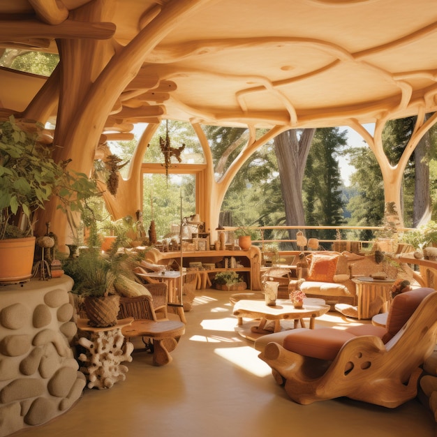 Foto exploração encantadora revelando as maravilhas interiores de uma casa de sequóia