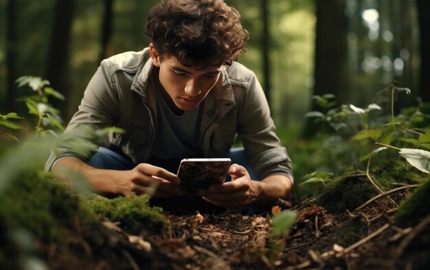 Foto la exploración de un adolescente sobre los secretos de las propiedades del suelo