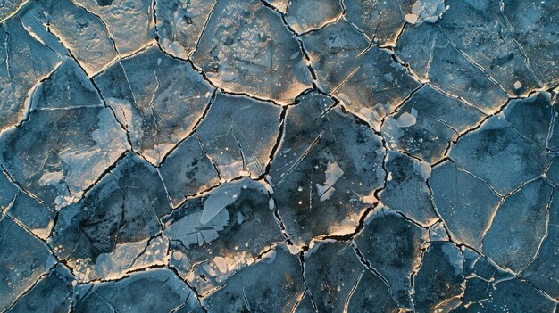 Exploración aérea de grietas de hielo en el mar congelado en la hora dorada