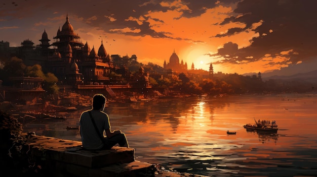 Exploración artística pareja de acuarela belleza del atardecer de Varanasi cesada con IA generativa