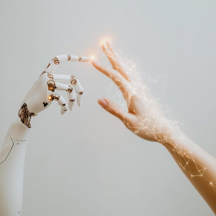 Exploración de la conexión entre la mano humana y la mano robótica que representa posibilidades futuras