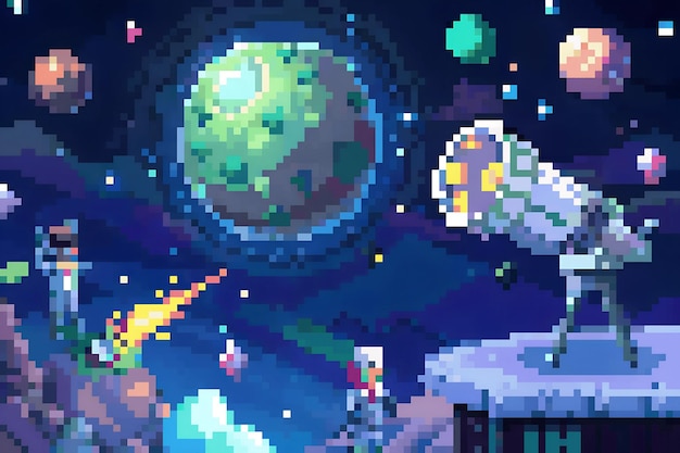 Exploración cósmica de pixel art con astronautas observando planetas y estrellas