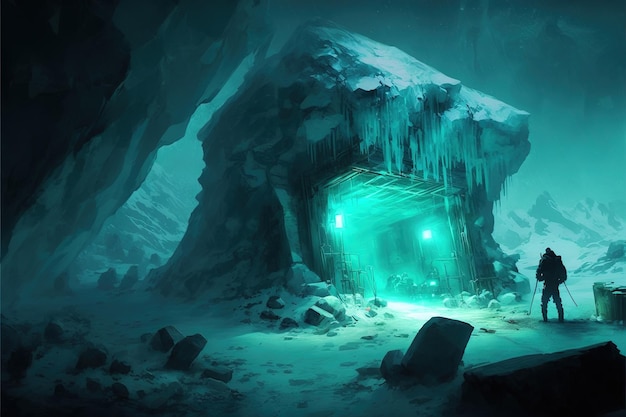 Exploración de cuevas de hielo con explorador pionero de ciencia ficción futurista