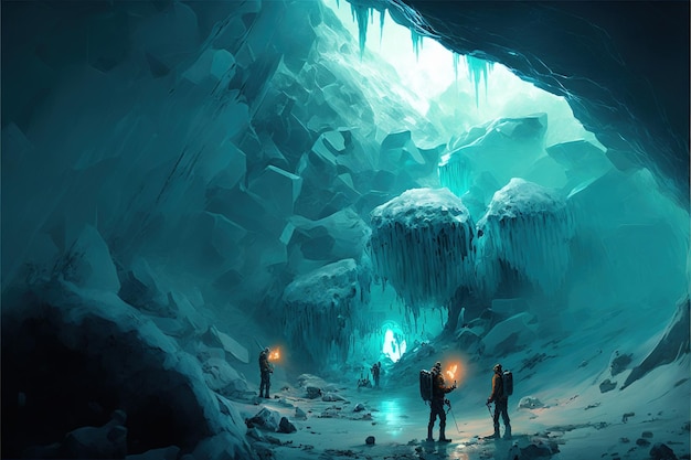 Exploración de cuevas de hielo con explorador pionero de ciencia ficción futurista