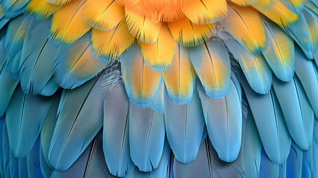 Una exploración detallada de las plumas de un guacamayo azul y amarillo el gradiente natural de colores creando un fondo exótico que muestra la extraordinaria belleza de la IA generativa