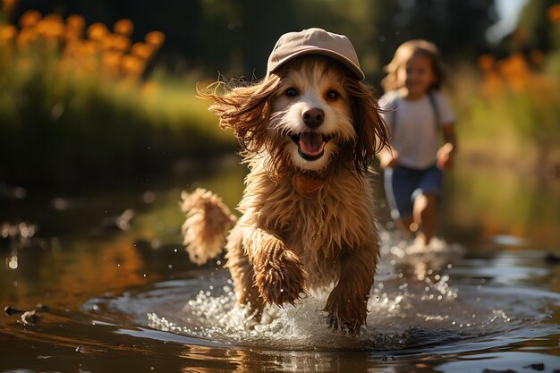 Exploración iluminada por el sol Toma dinámica de una niña y un Cairn Terrier junto al río Lake Niña corriendo con un perro